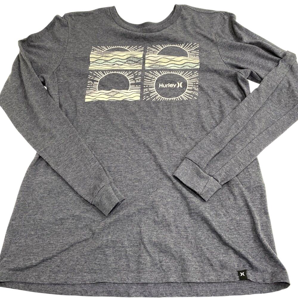 Men's Hurley graphic tee shirt long sleeve top gray sunrise ocean beach casual M
